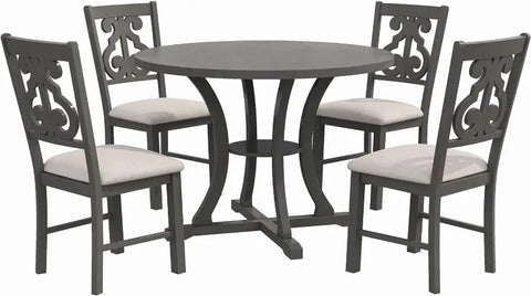 5-Piece Round Dining Table and Chair Set, Round Dining Table with Shelf, Wood Table Set for Family Dining Area