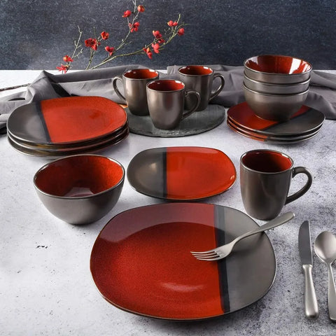 Square Reactive Glaze Stoneware Dinnerware Set, Service for 4 (16pcs),  Set Vaisselle Complet， Dishes and Plates Sets