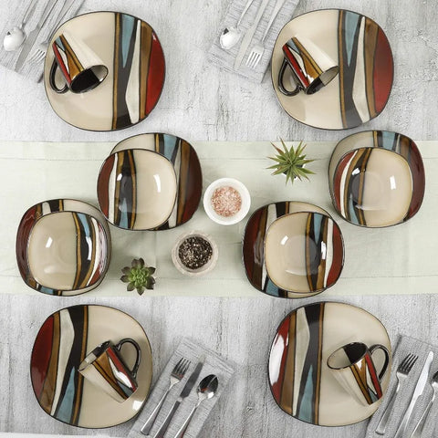 Square Reactive Glaze Stoneware Dinnerware Set, Service for 4 (16pcs),  Set Vaisselle Complet， Dishes and Plates Sets