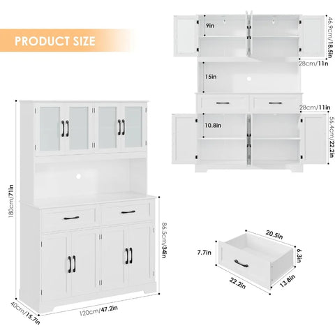 71" H Pantry Cabinet, Kitchen Hutch with Microwave Stand, Drawers, and Large Countertop, Buffet Cabinet with Doors and Shelves