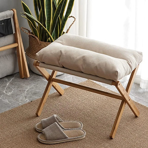 Folding Upholstered Footstool, Beige Footstool with Thick Cotton Padding and Bamboo X-shaped Legs, Modern Upholstered Ottoman