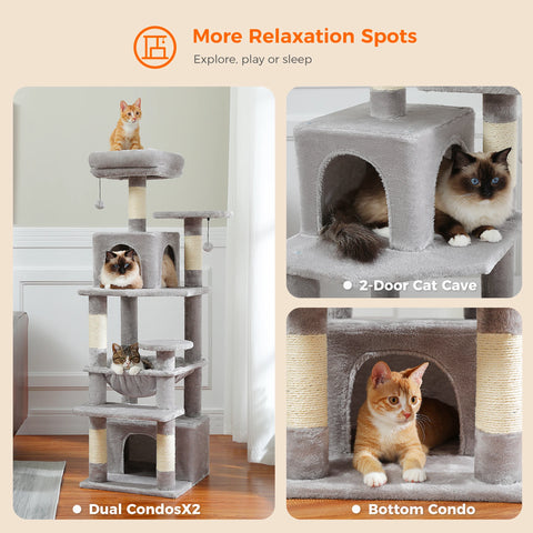 H184CM Large Cat Tower with Sisal Scratching Posts Spacious Condo Perch Stable for Kitten Multi-Level Tower Indoor Cozy Hummocks