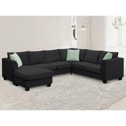 Living sofa,Modern Large U, 7 Seat Fabric Set with Movable Ottoman, L Shape Sectional Sofa Corner Couch with 3 Pillows