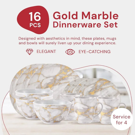 Marble Plates and Bowls Sets, Modern Kitchen 16-Piece Dinnerware Sets, Indoor and Outdoor Plates