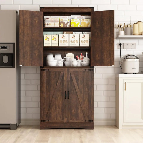 71" Tall Kitchen Pantry,Farmhouse Storage Cabinet with Adjustable Shelves,Load-Bearing Steel Pipe,Farmhouse Pantry Cabinet