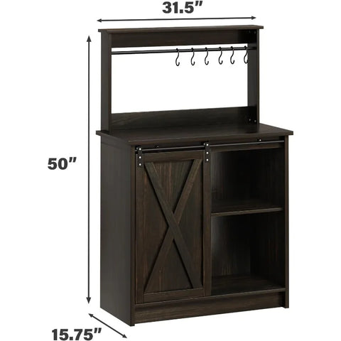 4ever2buy Farmhouse Coffee Bar Cabinet with 6 Hooks, White Coffee Bar with Storage, Kitchen Buffet Cabinet with Adjustable Shelv