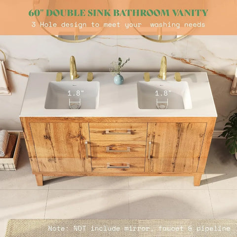 60" Double Bathroom Vanity with Sink, High Gloss Woodgrain Cabinet with 3 Hole Sink & & Drawers, Vanity with 2 Soft Close Doors