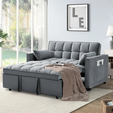 3-in-1 2-Seater Loveseat Pull Out Couch Reclining Backrest,Toss Pillows Pockets-Perfect for Small Spaces Velvet Sleeper Sofa Bed