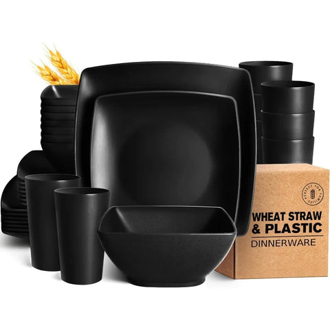 32-piece Plastic Wheat Straw Square Dinnerware Set for 8, Unbreakable Dinner Plates, Salad Plates, Snack Bowls, Tumblers