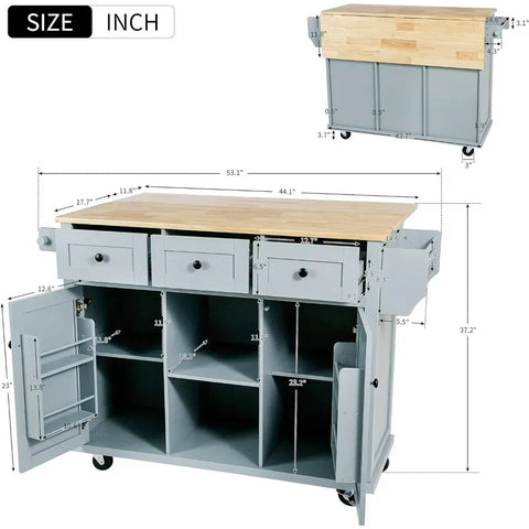 Kitchen Cart with Rubber Wood Drop-Leaf Counter top, Rolling Kitchen Island Carts with 3 Drawers and Cabinet, Kitchen Cart