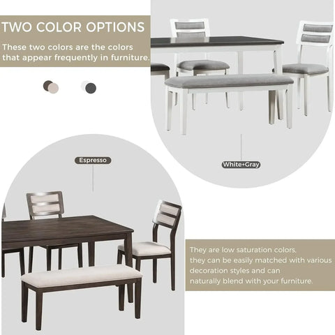 6 - Piece Dining Table Set, Includes Dining Table and 4 Upholstered Chairs & Bench, Kitchen Tables Set, Dining Tables Set