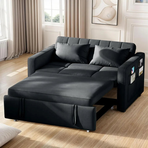 55" Convertible Sofa Bed,3-in-1 Sleeper Sofa with Pull-Out Bed,Velvet Futon Couch Reclining Backrest and Side Pocket,Modern