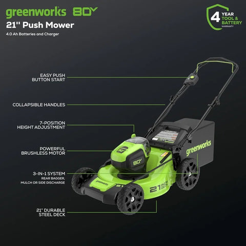 80V 21" Brushless Cordless (Push) Lawn Mower (75+ Compatible Tools), 4.0Ah Battery and 60 Minute Rapid Charger Included