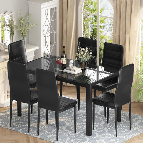 7 Piece Kitchen 6 Person, Tempered Glass Table and PU Leather Chairs Modern Dining Room Sets for Small Space, Dining Table Set