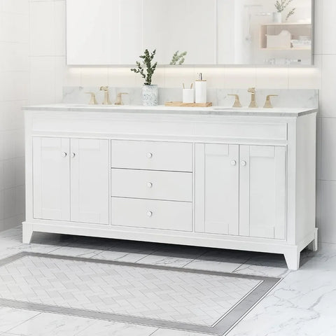 61" Double Sink Bathroom Vanity with Marble Top, Solid Wood Bathroom Vanity with 3 Drawers and 4 Doors,  Bathroom Vanities