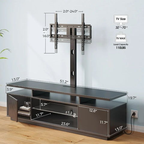 Rolanstar TV Stand with Mount and Power Outlet 51.2", Swivel TV Stand Mount for 32/45/55/60/65/70 inch TVs