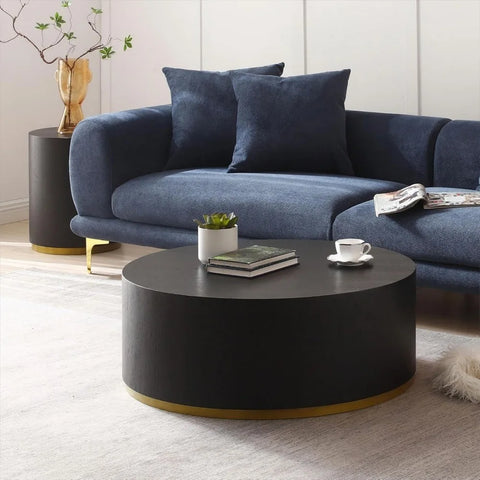 Round Coffee Table for Living Room, Drum Round Circle Wood  Modern Black Coffee Tables End Table with Gold Rim Bottom