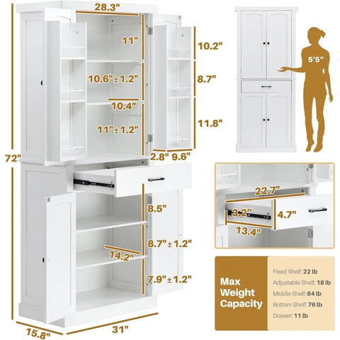 72" Kitchen Pantry Cabinet, Large Freestanding Cupboard with Drawer, Adjustable Shelves and Door Storage Shelves