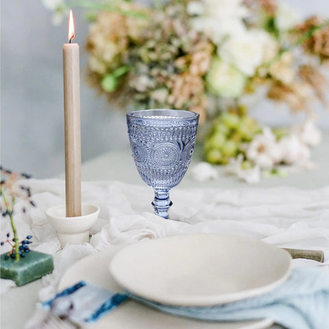 Blue Wine Glasses Set of 6 Vintage Drinkware Water Goblets for Wine or Cocktails Cute Drinking Glass with  Embossed Glassware fo