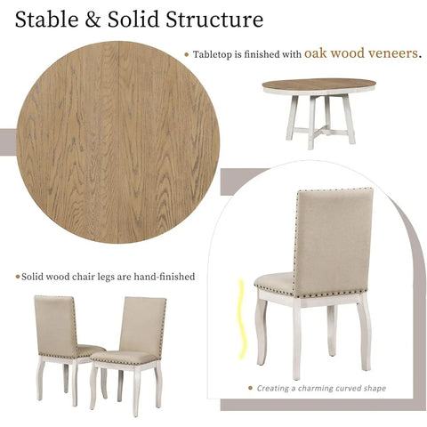 5-Piece Farmhouse Dining Table Set Wood Round Extendable Dining Table and 4 Upholstered Dining Chairs