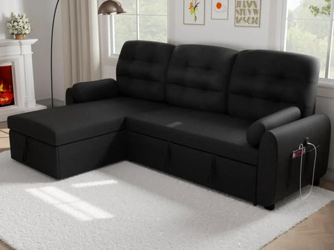 Sectional Sofa, with Reversible Storage Chaise Pull Out Couch for Living Room |Charging Station | Removable Backrest