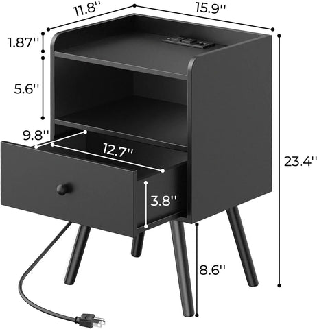 Nightstand with Charging Station and LED Lights, Bed Side Tables Set of 2, End Tables with Drawer