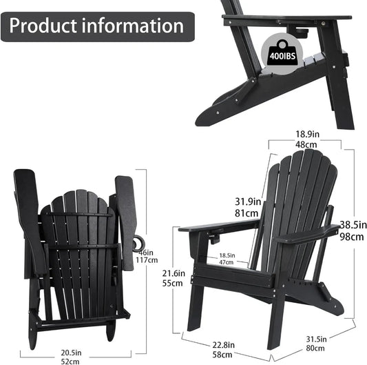 Folding Adirondack Chair Set of 2,SGS Tested,Wooden Textured with Cup Holder,Widened Heavy All-Weather HDPE Comfortable