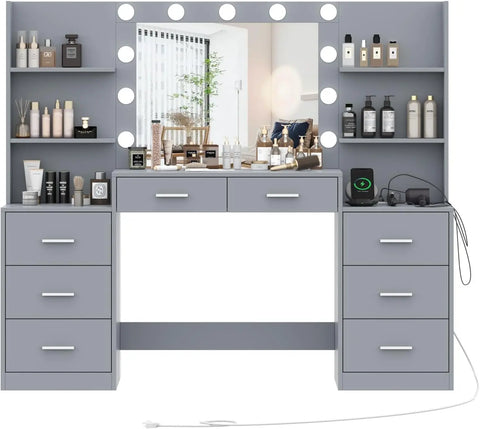 Makeup Vanity Table with Mirror & Lights, Vanity Desk with Power Strip, Large Drawer & Six Open Storage Dresser, 3 Lighting