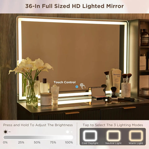 T4TREAM Makeup Vanity Desk with 36" HD Lighted Mirror, 48" Big Modern Vanity Desk with Mirror and Lights, Dressing Table