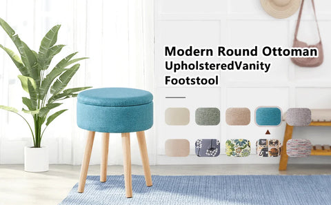 Ottoman storage linen circular dressing table stool, modern multi-functional cushioned footstool with wooden legs