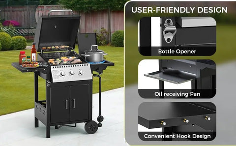 BBQ Gas Grill，30,000 BTU Ideal for Outdoor Cooking, 3 Burner Propane, Easy To Clean and Maintain, Barbecue Grill