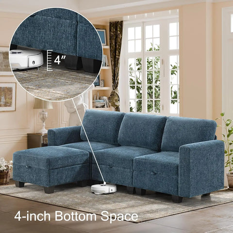 Modular Sectional Sofa Couch with Storage Seat,Soft Velvet Stripe Convertible Sofa with Reversible Ottoman,Deep Seat Sofa