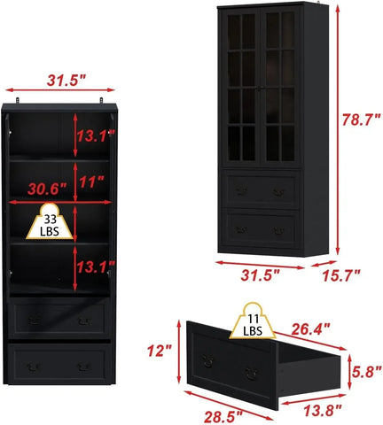 Pantry Cabinet Kitchen Storage Cabinet with 2-4 Drawers & Glass Doors, Kitchen Pantry with Adjustable Shelves