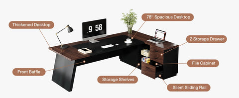 78" L-Shaped Executive Desk, Large Office Desk with Drawers and Lateral File Cabinet, Modern Computer Desk