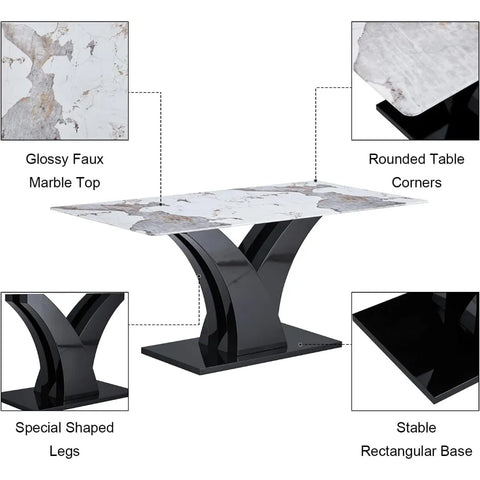 Modern Dining Room Table Set for 6, Faux Marble Kitchen Table and 6 PU Leather Chairs, 67” Rectangular Tempered Glass Table Set