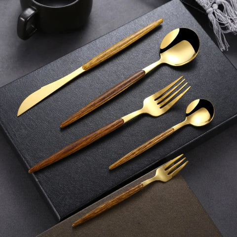 Elegant 30-piece Stainless Steel Gold Imitation Wooden Handle Dinnerware Cutlery Set with Coffee Spoon, Fork, and Silverware - P