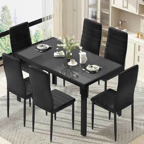 7 Piece Kitchen 6 Person, Tempered Glass Table and PU Leather Chairs Modern Dining Room Sets for Small Space, Dining Table Set