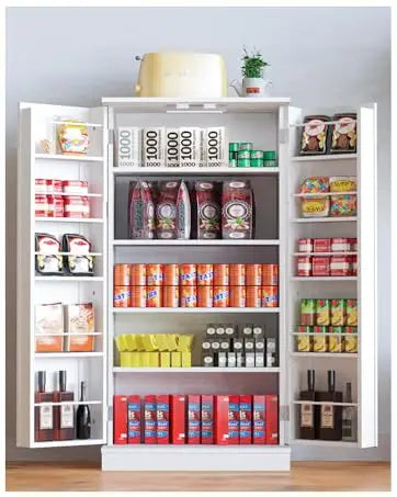 50" LED Kitchen Pantry Storage Cabinets - Standing Food Cabinets Cupboards with 2 Doors with Racks and Shelves Adjustable