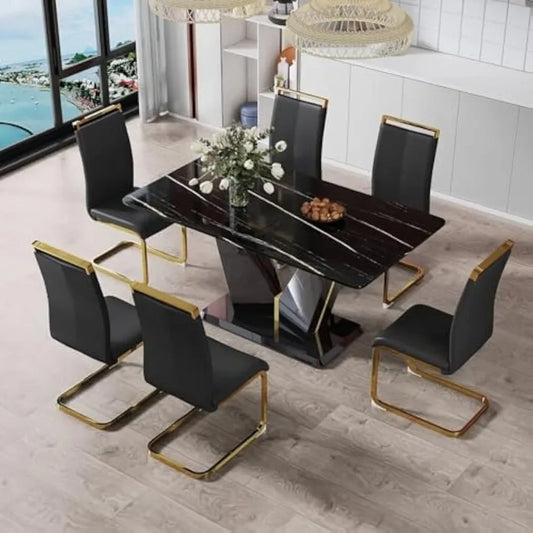 7 Pieces Modern Black Dining Table Set 63" Marble Table Chair Set of 6 PU Leather Chairs Rectangle Dining Room Table Set