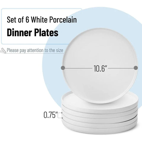 Porcelain White Dinner Plates, Set of 6, 10.6 inch, Salad Serving Modern Round Dishes, Smooth Glaze, Dishwasher Safe