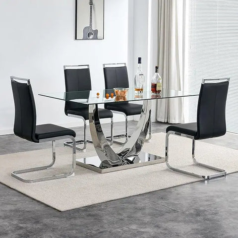 63” Glass Dining Table Set for 4,Modern Dining Room Table Set for 4,Kitchen Table and PU Leather Chairs for 4, Glass Top