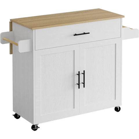 IRONCK Rolling Kitchen Island Table on Wheels with Drop Leaf, Storage Cabinet, Drawer, Spice Rack, Towel Rack, Kitchen Cart