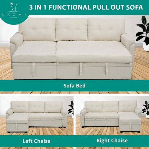 Sectional Sofa Sleeper with Storage Chaise, Tufted Pull-Out Couch with Storage,  L-Shaped Reversible Sleeper Sofa with Storage