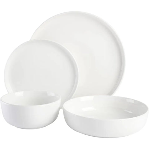 16 Piece Porcelain Dinnerware Set, White w/Black Rim, Service for 4, Dishwasher and Microwave Safe