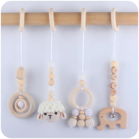 4 Pcs Beech Wood Baby Play Gym Frame Newborn Activity Fitness Rack Hanging Pendants Toys Crochet Rattle Teether Kids Room Decor