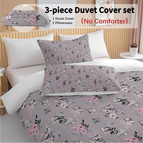 3pc Small Pink and White Flowers with Black Leaves Bedding Set Quilt Cover with Zipper Closure 1 Duvet Cover and 2 Pillowcases