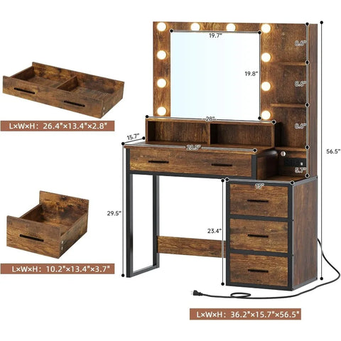 Vintage Vanity Desk, Makeup Vanity with Mirror and 10 LED Lights, 3 Lighting Modes, Makeup Table with 2 USB Ports and Outlets