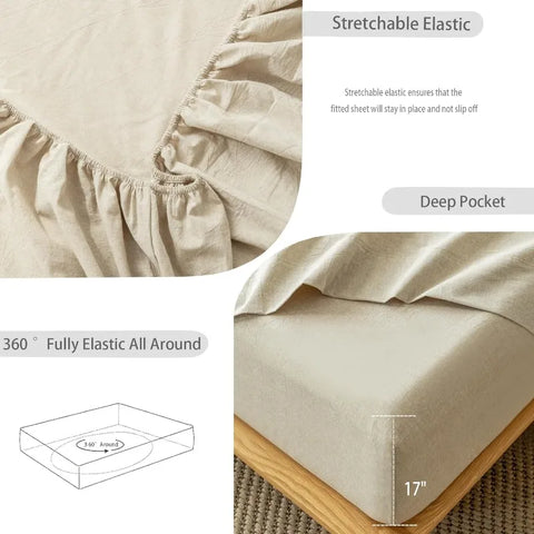 Bedding Sheet Set 100% Washed Cotton Linen Like Textured Breathable Durable Soft Comfy