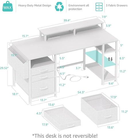 White Computer Desk with File Drawers Cabinet 55 Inch Home Office Desk with Monitor Stand Shelves Writing Study Gaming Desks