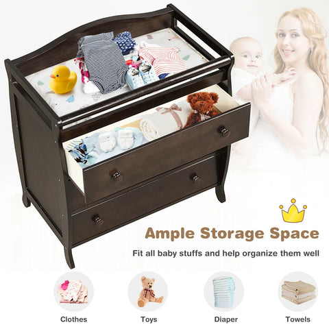 3 Drawer Baby Changing Table Infant Diaper Changing Station w/ Safety Belt Brown